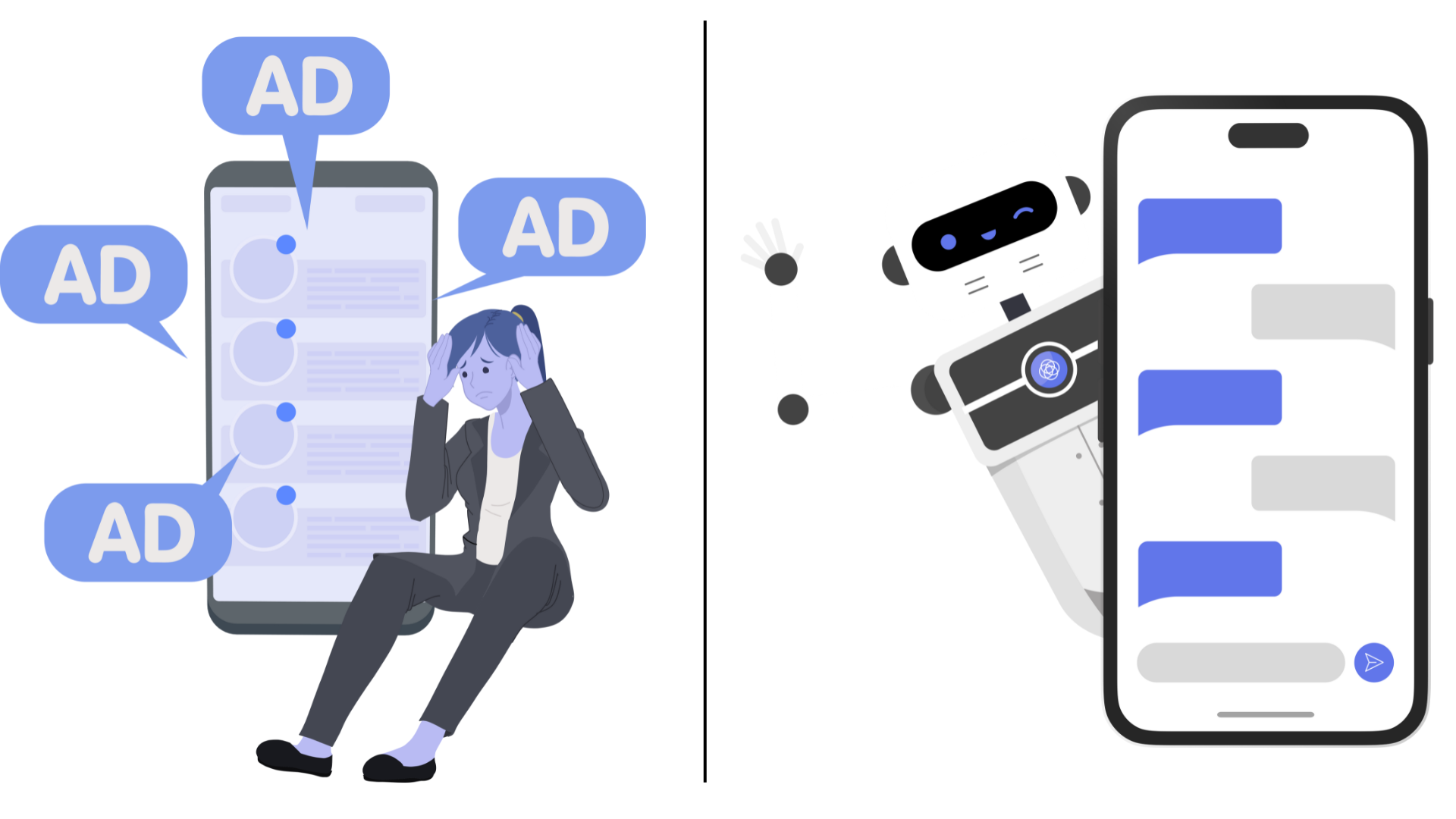 Illustration comparing traditional digital ads overwhelming a user with contextual AI advertising integrated naturally into a chatbot conversation.