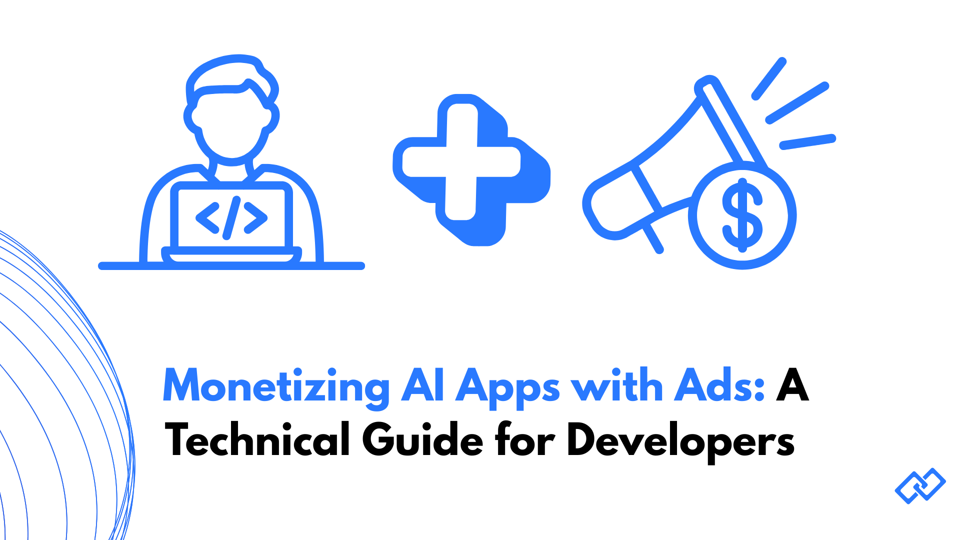 Monetizing AI apps with ads illustration showing a developer, advertising icon, and growth concept