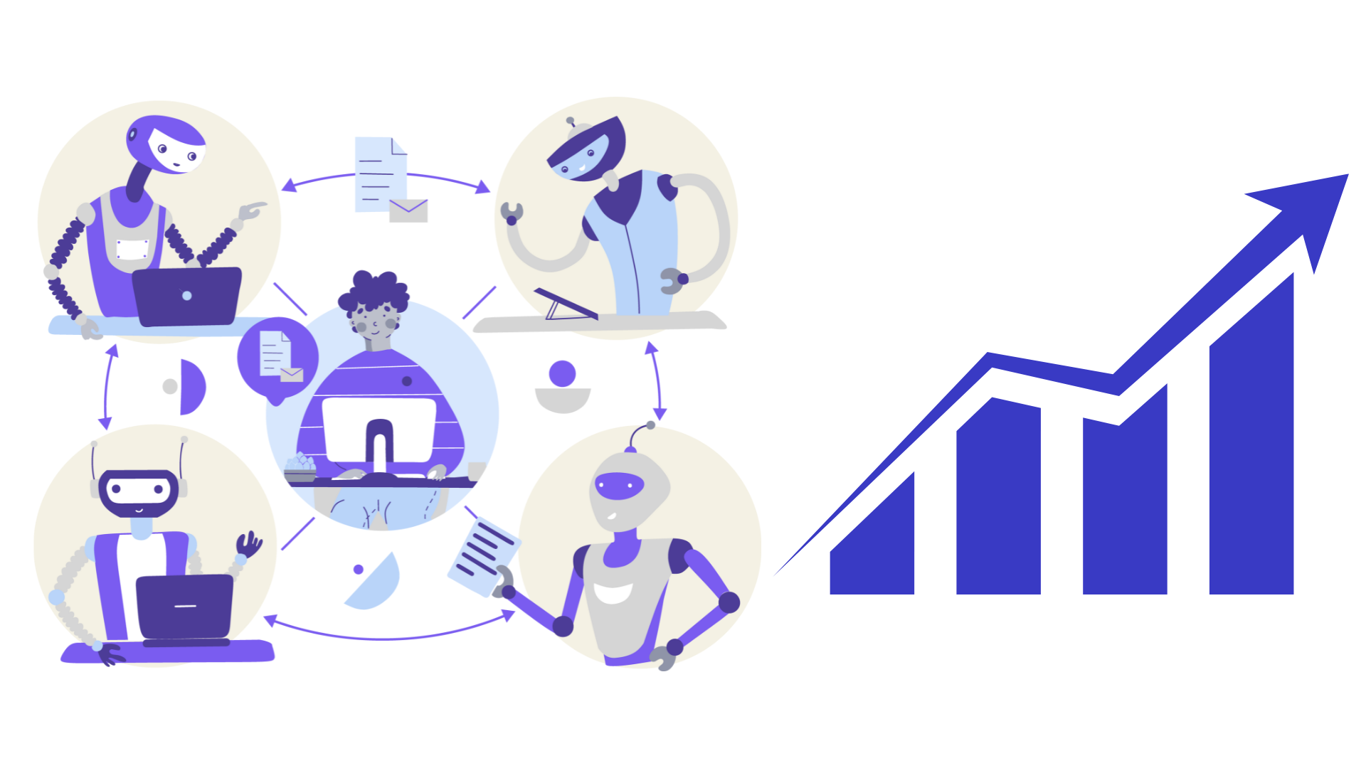 Illustration of humans and AI working together with a rising growth chart, symbolizing the future of AI monetization through contextual advertising.
